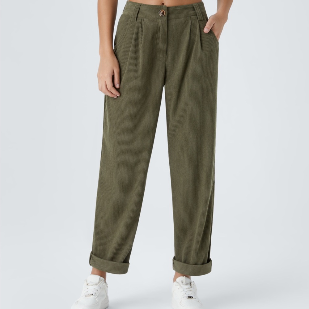 Mid Rise Corduroy Green Casual Trousers